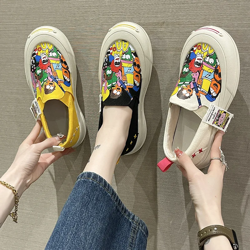 Hong Kong Style Printed Women\'s Shoes 2023 Summer New Slip-on Lazy Casual Shoes Thick Soled Women\'s Shoes