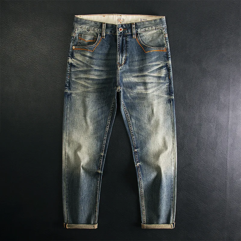 

High end fashion nostalgic jeans men's retro washed slim straight tube classic embroidery casual denim pants