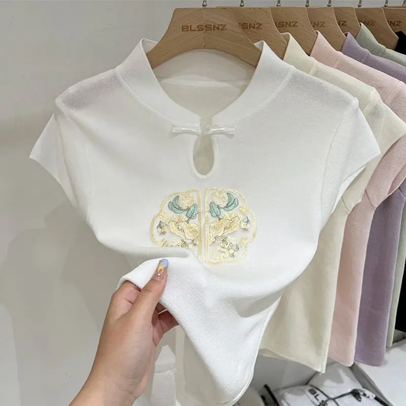 Fashion Summer Chinese Style Stand Collar Short Sleeve Women Shirt Exquisite Constrast Color Embroidery Clothe Sweet Elegant Top
