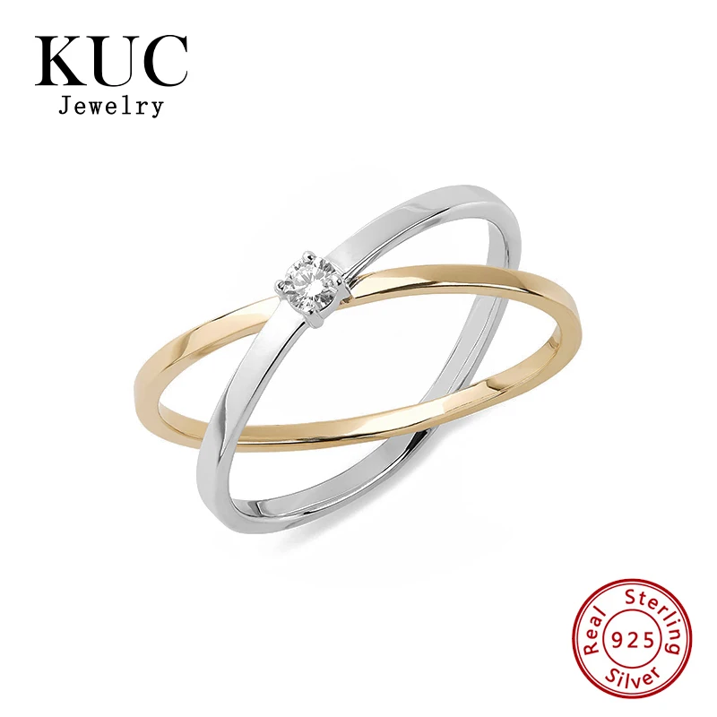 

18K Gold Plated Minimalist Exquisite 925 Sterling Silver Solo Two-Tone Crisscross single small Zirconia Ring