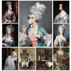 Surreal Victorian Woman Bubble Gum Reading Antique Portrait Poster Canvas Painting Wall Art Picture Modern Room Home Decor