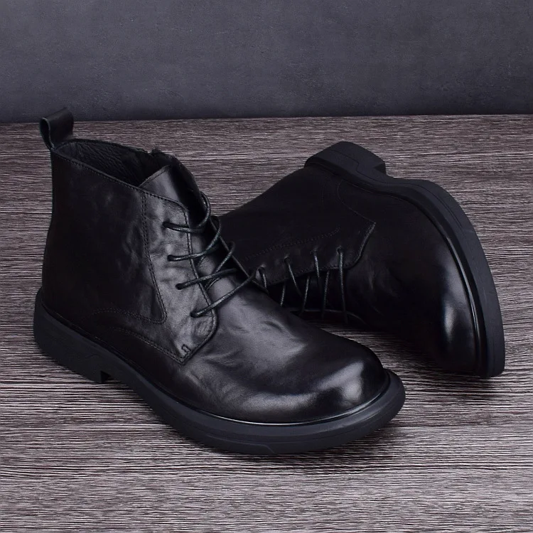 

Men's leather and cowhide high top casual leather boots business leather shoes wear-resistant mid top thin fleece