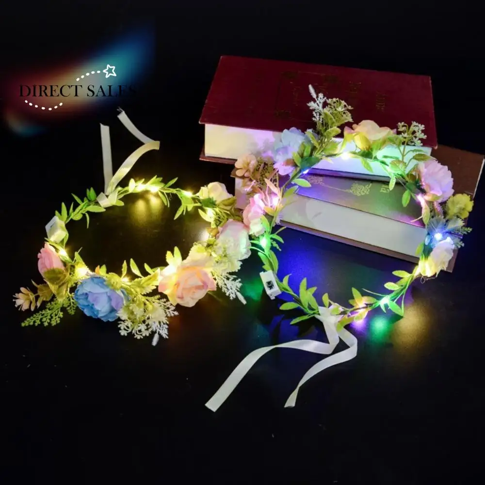 Exquisite Simulation Rose Flower Flower Crown Hairband Hair Hoop Luminous Wreath Headband Flora Tiara LED Light Garland Bride