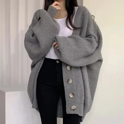 

Oversized Cardigan Women Autumn Winter 2023 Vintage New Lantern Sleeve V Neck Knitted Cardigan Casual Button Up Sweater LJ100