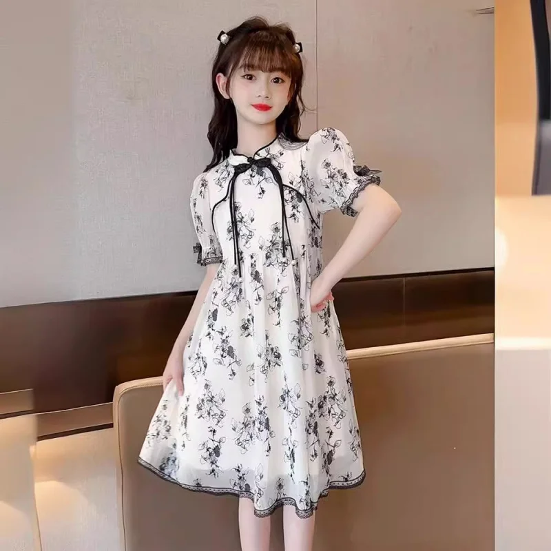 

Children's Cheongsam Dress Girls' Summer Dress New Style Big Girl Fashionable Short Sleeve Ink Painting Style Summer