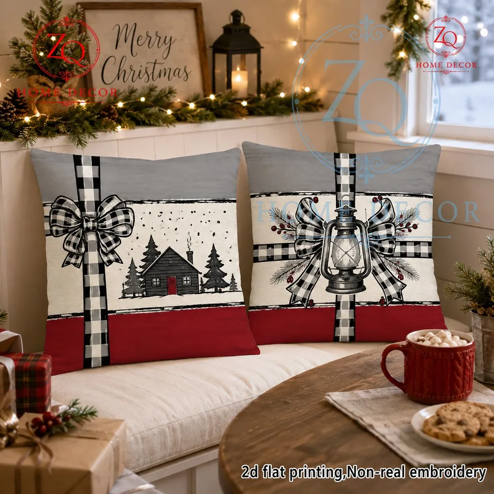 A black  red plaid bowadorned cabin in the woods paired with a vintage lantern ptern