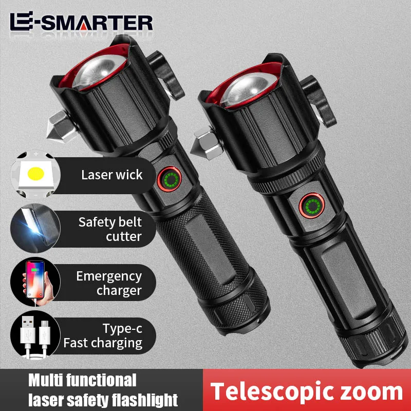 High Power Zoom LED Flashlight with USB Charging COB Safety Hammer Multi-functional Waterproof Aluminum Alloy White Laser Torch