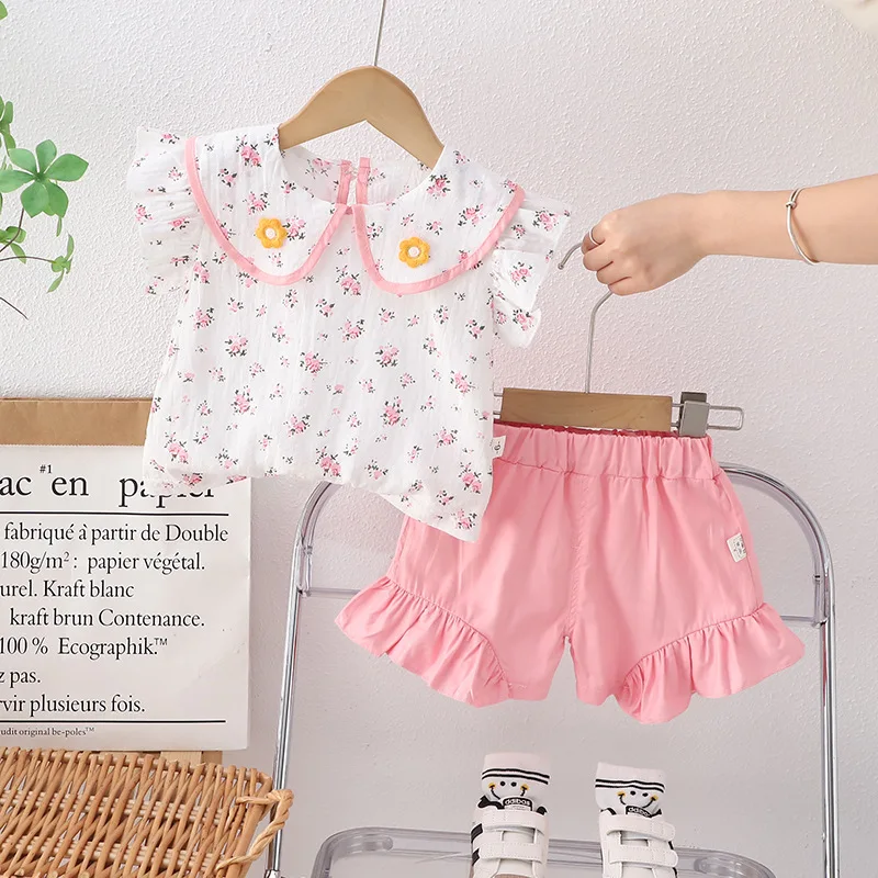 

Kids Clothing 2024 Summer Baby Girl Clothes 2 To 3 Years All Over Print Turn-down Collar Short Sleeve Shirts + Shorts Girls Suit