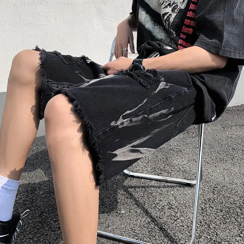 

Джинсовые шорты с отделкой тай-дай, мужские рваные брюки выше колена с пятью точками High Street Design