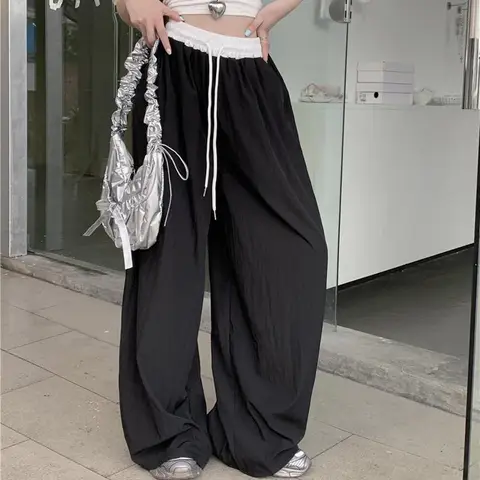 느슨한 streetwear 탄성 허리 여성의 넓은 다리 바지 캐주얼 힙합 긴 바지 빠른 건조 운동복 일치하는 세련된 새 바지