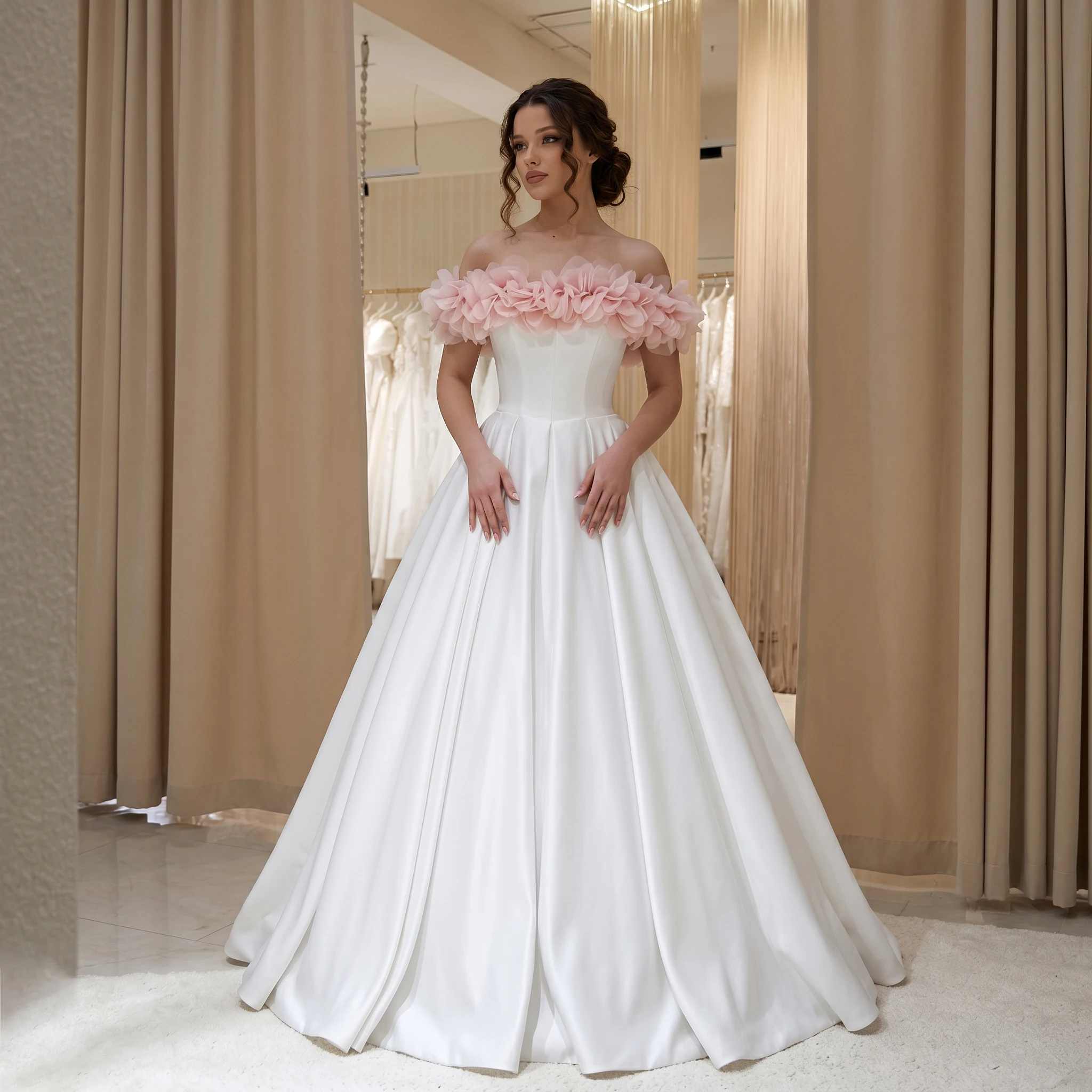 Off Shoulder Pink 3D Flower Satin A Line Wedding Dress Corset Lace Up Back Ball Gown Bridal Dress