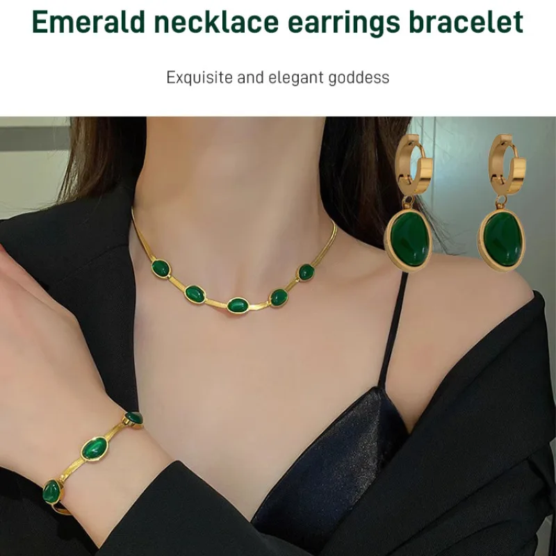 18k Gold Plated Emerald Necklace Earrings Bracelet Set For Women High Quality Fade Free