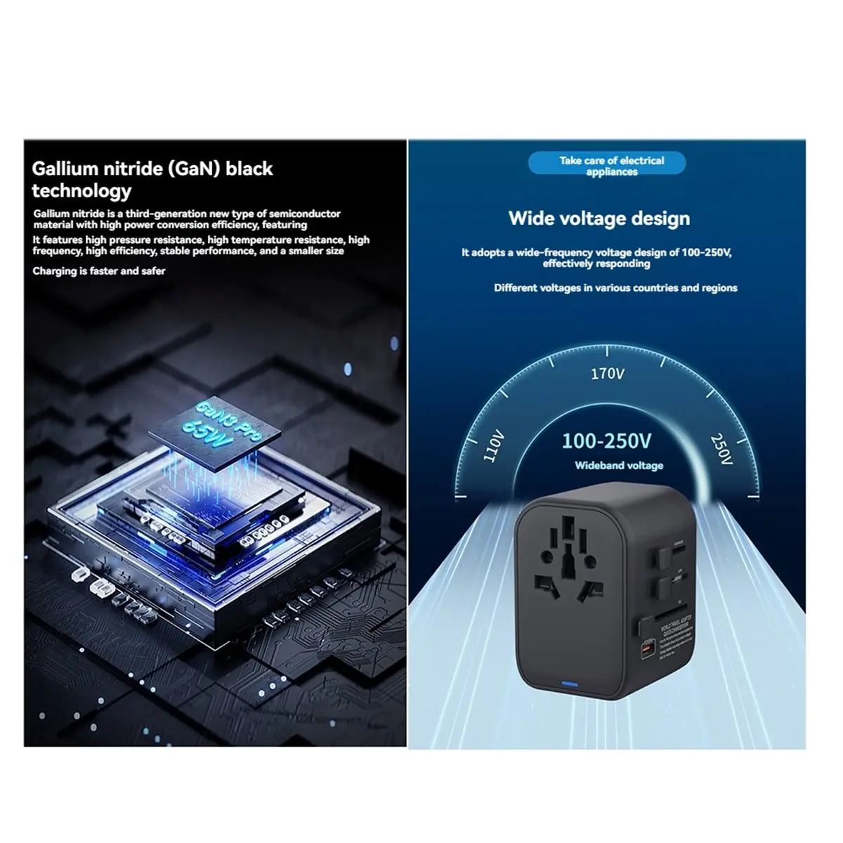 DT82 New GaN65W International Travel Adapter with 2USB 3 Type C GaN Fast Charging Adapter with EU AU US UK Plug for Travel Black
