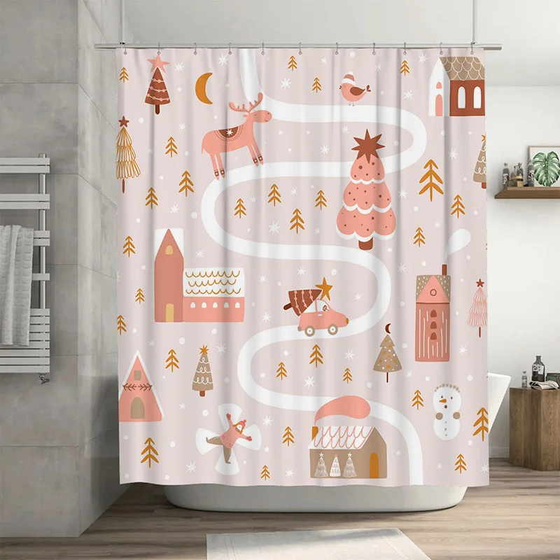 

TU Nordic Christmas Shower Curtain Cute Reindeer Forest Winter Holiday Bathroom Decor Fabric Waterproof Home Textile Vintage Sty