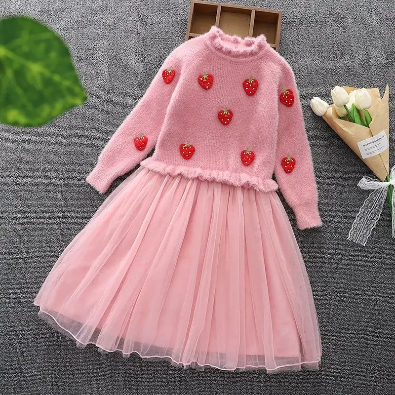 Girls Fleece Lined Knit Dress Autumn Winter Princess Tulle Spliced Dress Kids Warm Sweater Dress Toddler Clothing