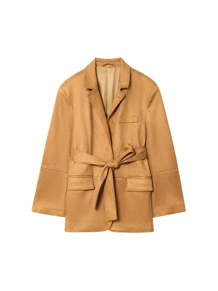 

Новый женский модный универсальный темпераментный однотонный пиджак в европейском стиле с поясом, замшевый кожаный пиджак