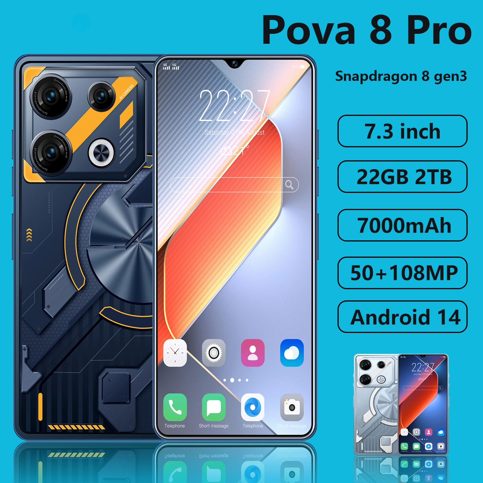 

Оригинальный смартфон Pova 8 Pro, телефон с диагональю 7,3 дюйма, HD, 22 ГБ, двойной SIM-картой, мобильные телефоны 50 + 108 МП, 7000 мАч, Android 14, разблокированный телефон