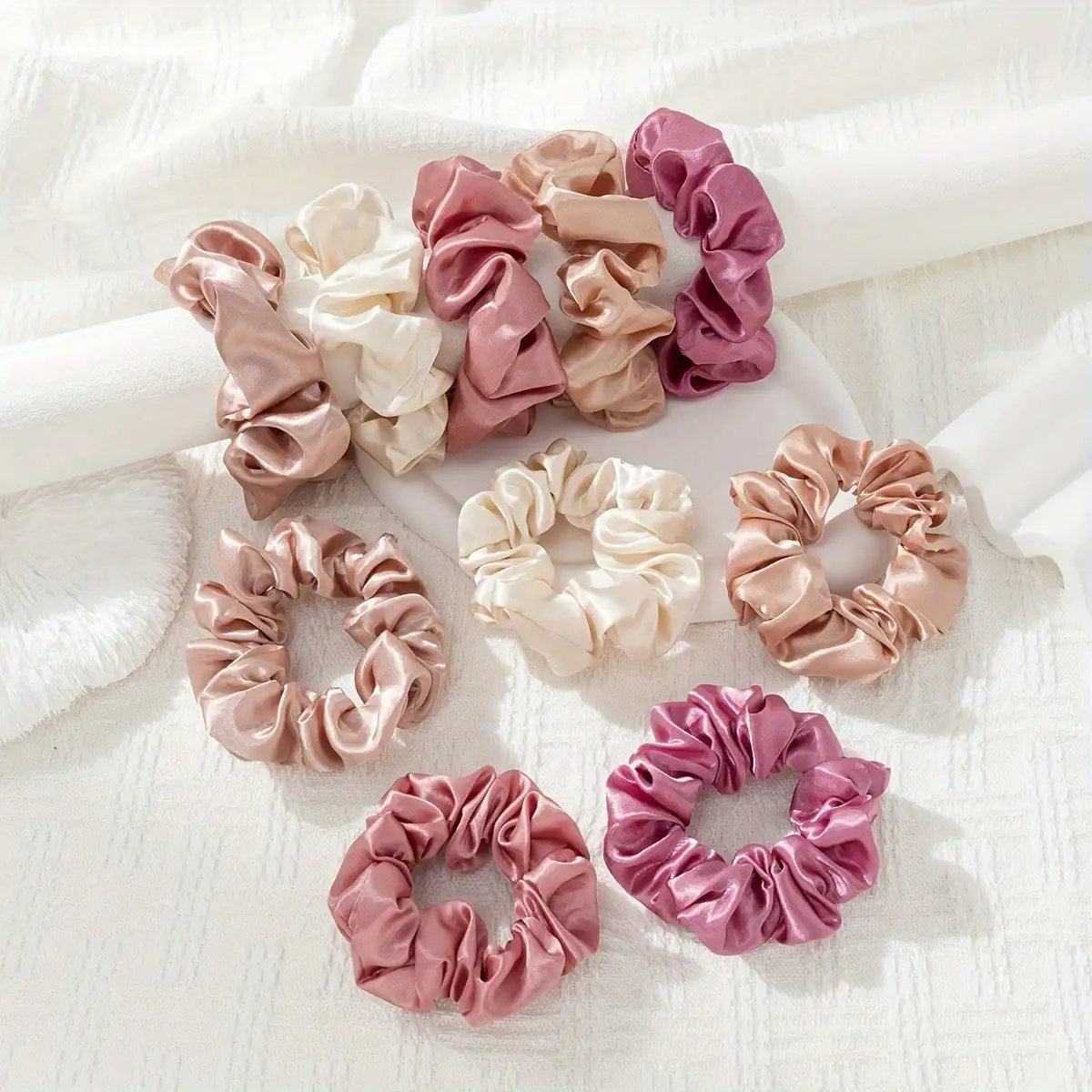 10PCS Pink Satin Scrunchie 5pcs Elegant Colon Ring +5pcs Small Bowel Ring For Women Valentine's Day Gift Set