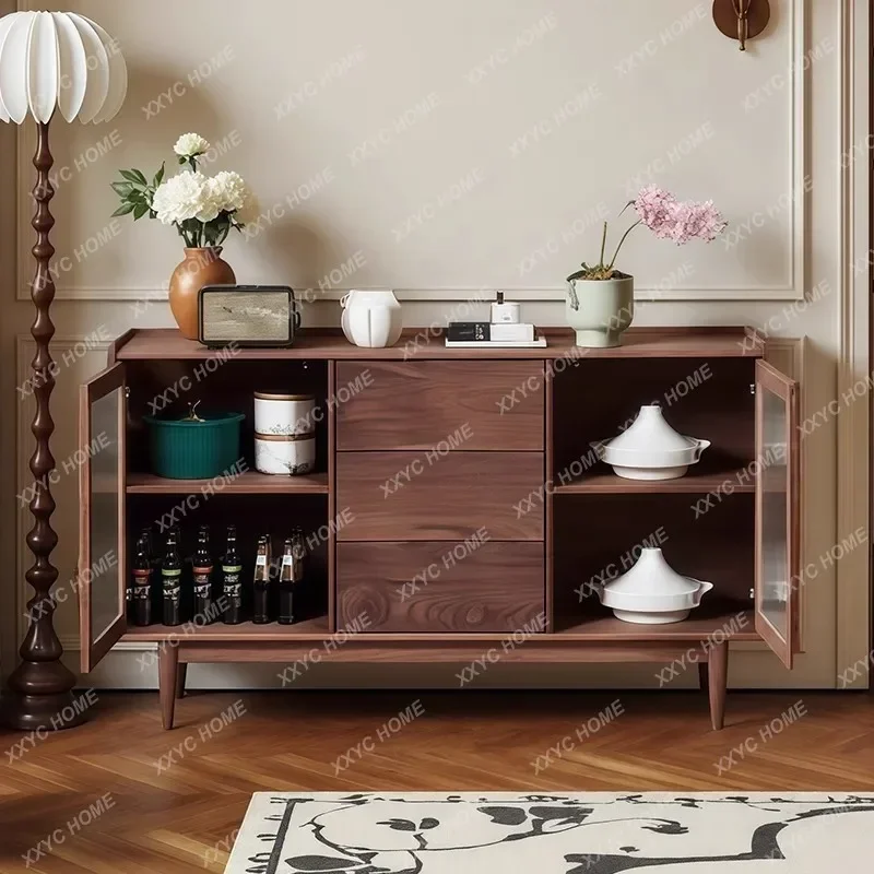 Hwabi-sandy wind mid-ancient style solid wood dining side cabinet living room wall integrated locker tea