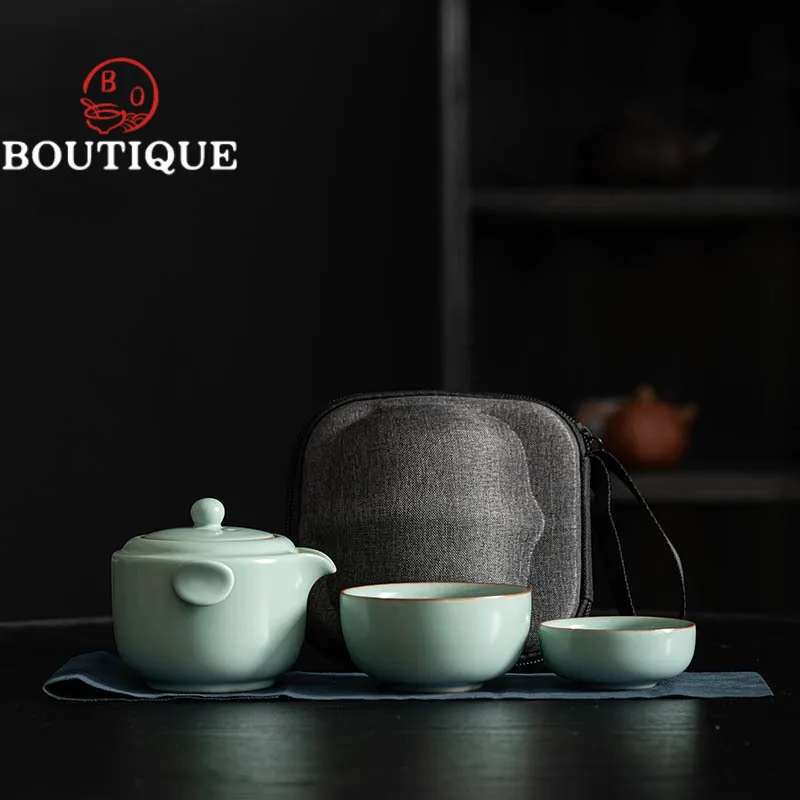 

Portable Ru Kiln Porcelain Travel Tea Set Kit 1 Pot 2 Cups Quick Cup Tea Brewing Tea Bowl Outdoor Camping Ceramic Teaware Gifts