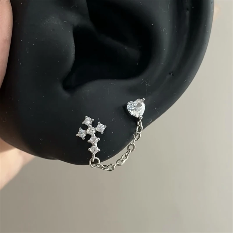 1PC Silver Color Cross Double Ear Hole Chain Tassel Ear Bone Nail  Bling Zircon Inoxidable Stainless Steel Earrings Jewelry Gift