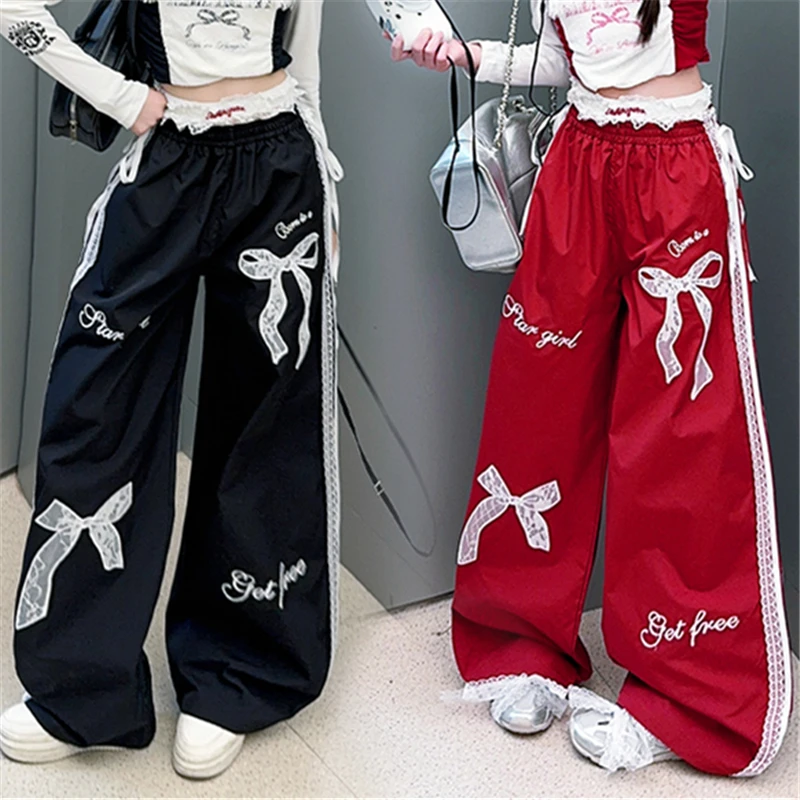 

Spring Autumn Children Stylish Pants With Lace Bow For Girls High Fashion Lace Tousers Kids Loose Casual Streetwear Sweatpants