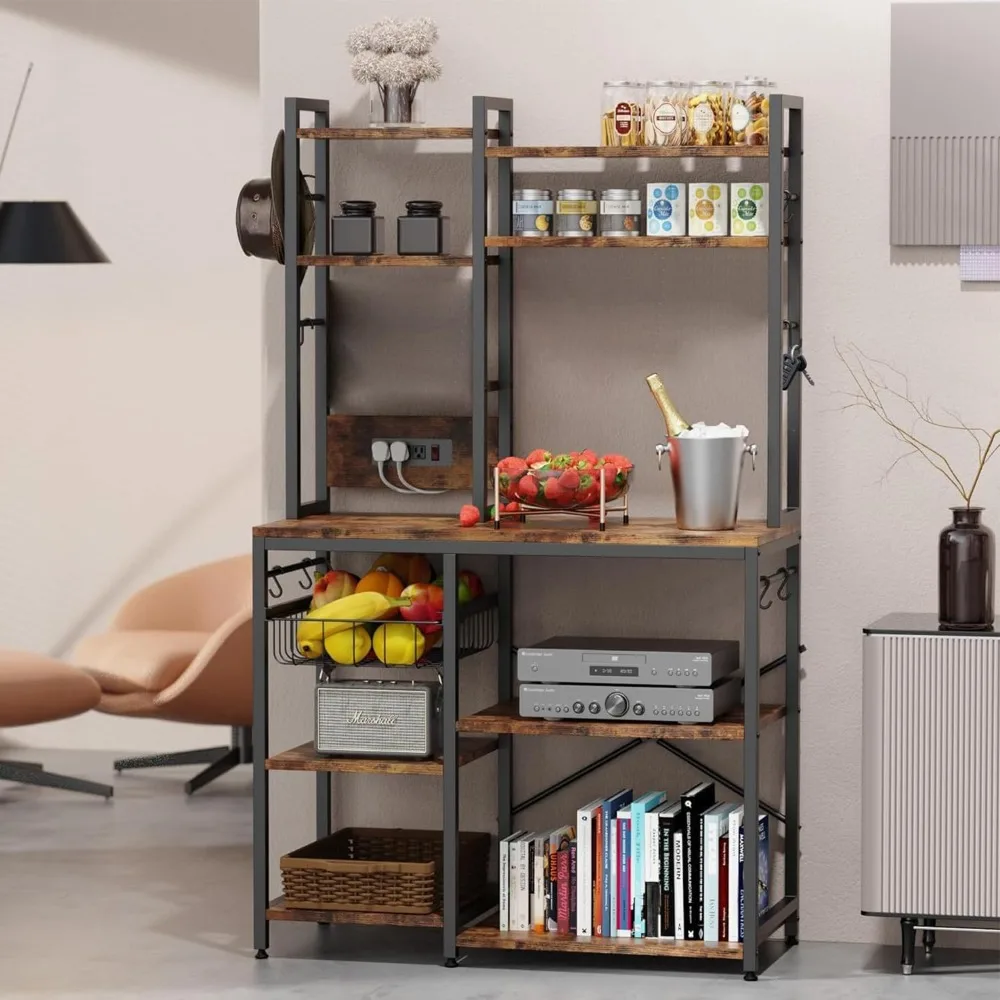 

Standing Kitchen Baker’s Rack, Bakers Rack with Power Outlet, 6-Tier Microwave Stand, Coffee Bar with 12 S-Shaped, Customized