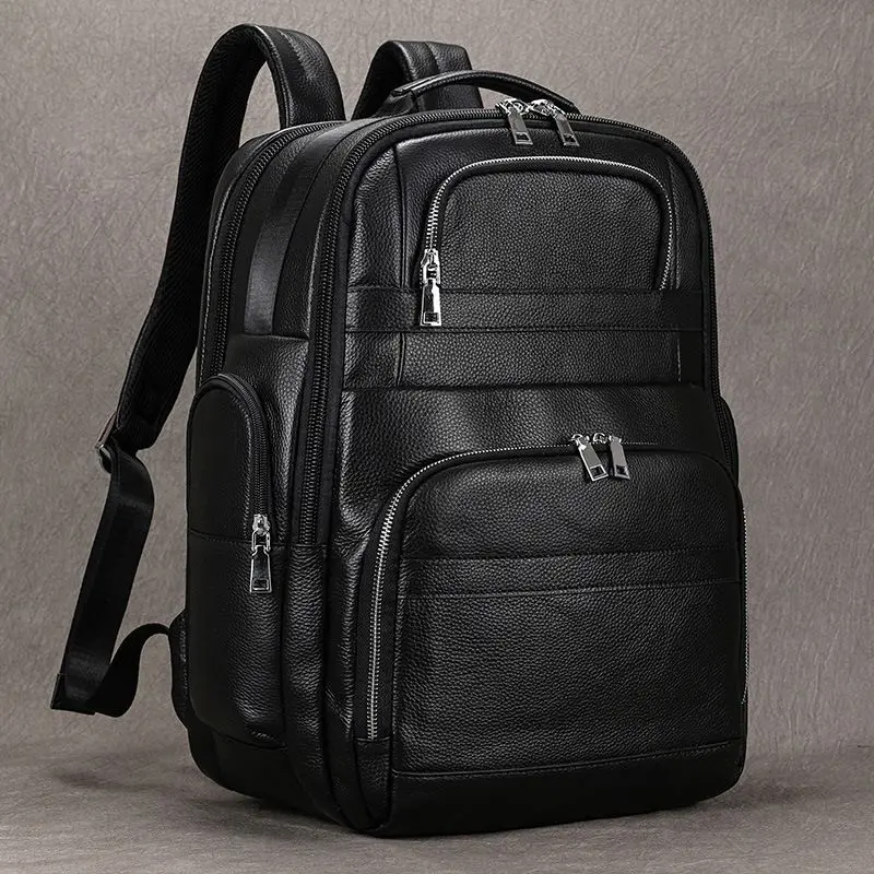 USB Charging Men Backpack Genuine Leather Double Layer Waterproof 16 inch Laptop Daypack Schoolbag Big Travel Rucksack Black
