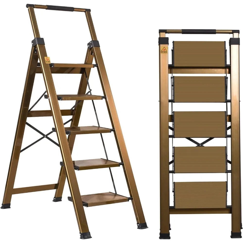 

5 step ladder, aluminum 5 step stool with retractable handrail and anti-slip wide pedal, folding stool ladders 5 steps, 330lbs