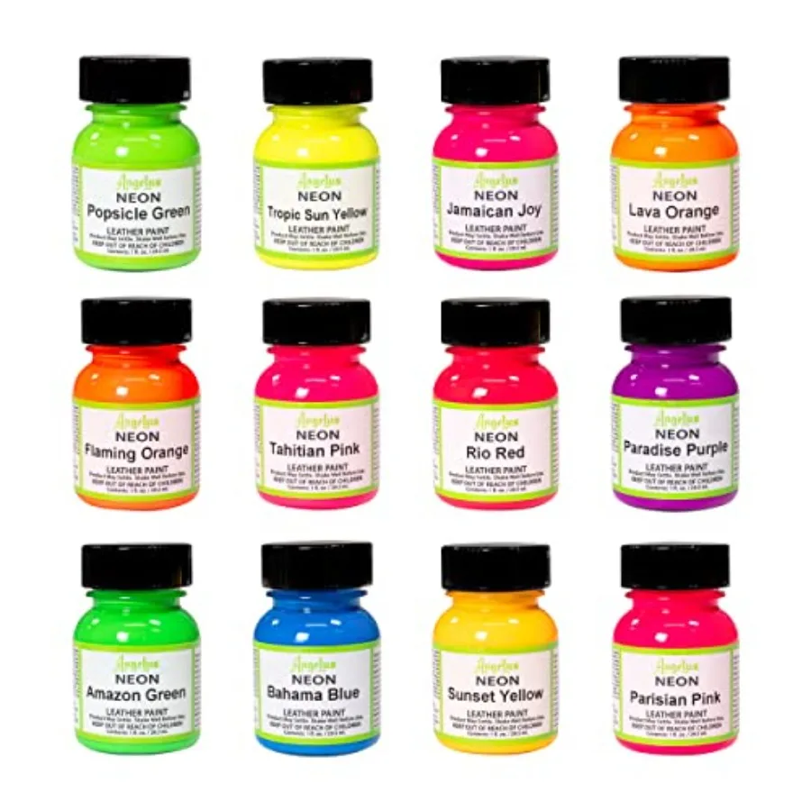 

Neon Acrylic Leather Paint Set 12 Vibrant Colors, 1 oz Each Non-Toxic Leather, Canvas, Wood Paints for Customization and Crafti