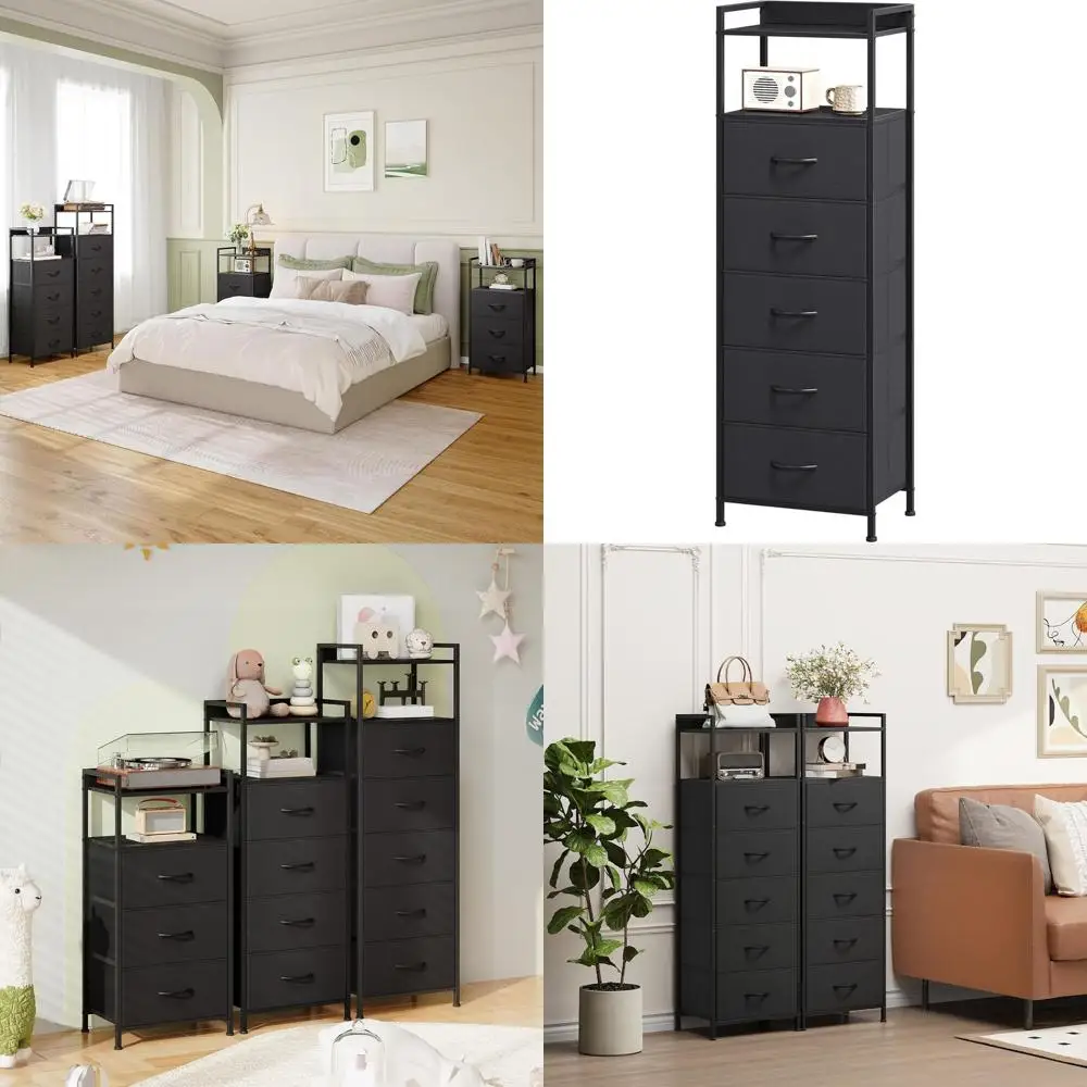 

Elevated 5-Drawer Dresser with Fabric-Lined Nightstand for Bedroom, Dorm, and Entryway Storage in Black