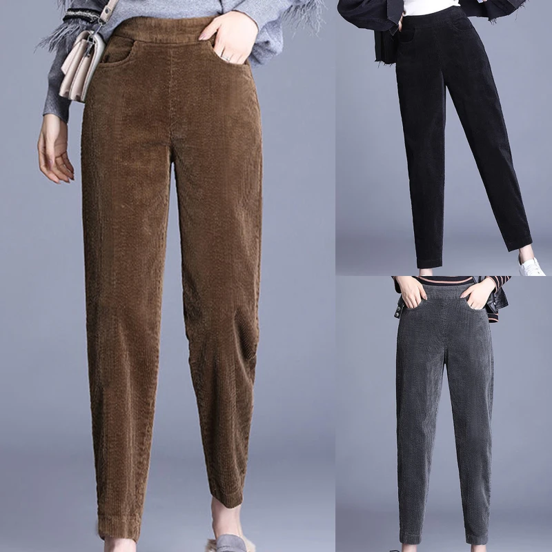 Pantalones casuales gruesos de felpa para mujer, Leggings cálidos de pana, pantalones Harem de cintura alta, Otoño e Invierno