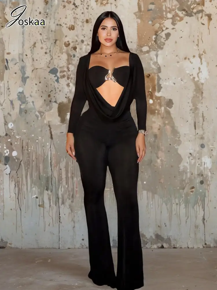 

Joskaa 2025 Fall Women's Metal Buckle Decorate Jumpsuits Sexy Swing Collar Full Sleeve Ruched Skinny Rompers Midnight Clubwear