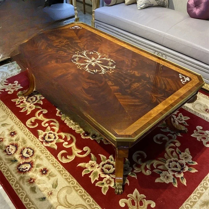 

European solid wood coffee table brass inlaid rectangular tea table British court classical luxury tea table