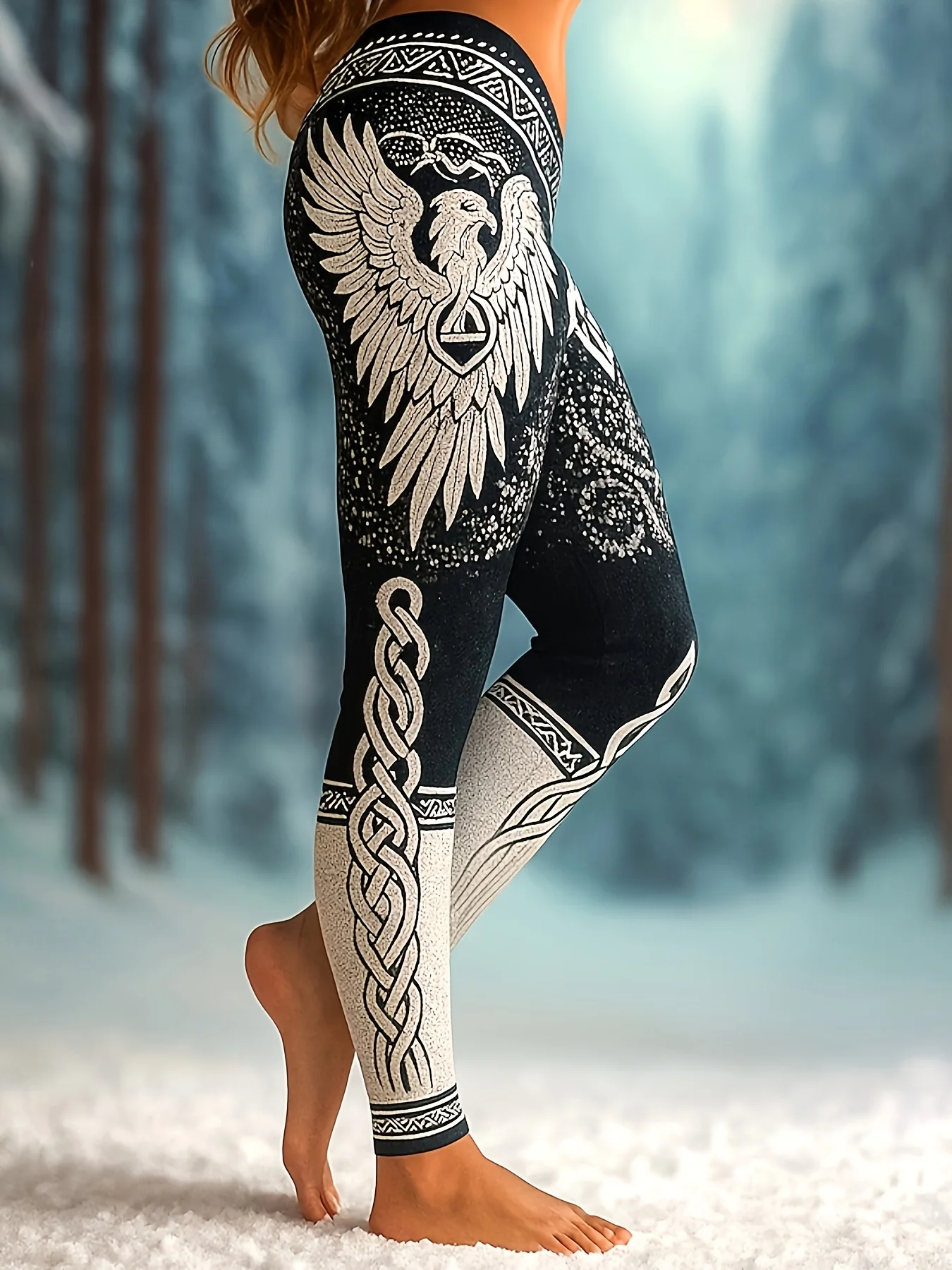 Women Mid‑Rise Fleece Lined Leggings Ethnic Feather Geometric Print Slim Stretchy Warm Casual Yoga Pants