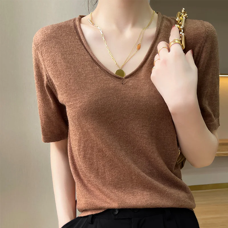 Summer V-Neck Thin Sweater T-Shirt 100% Merino Wool Basic Women's Korean Fashion Pullover Cashmere Knitting Bottom Short Sleeve