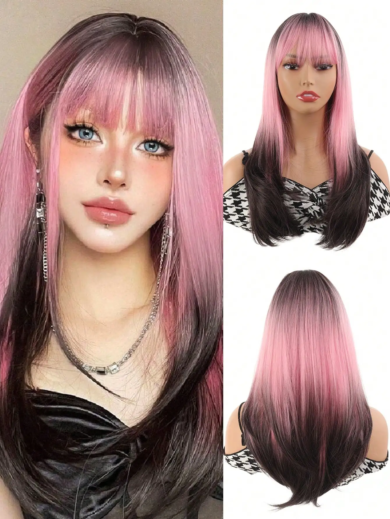 Synthetic Heat-resistant Wig Long Ombre Pink Black Wigs For Black Women Straight Pink Brown Wigs With Thick Bangs Cosplay Wigs C