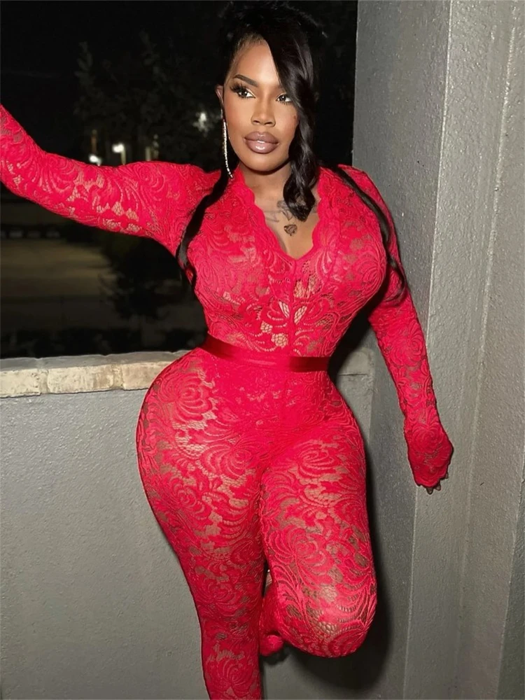 

Leosoxs Women Sexy See Through Lace 2 Piece Set Deep V-neck Long Sleeve Bodysuits Tops + High Waist Skinny Pants Clubwear Suits