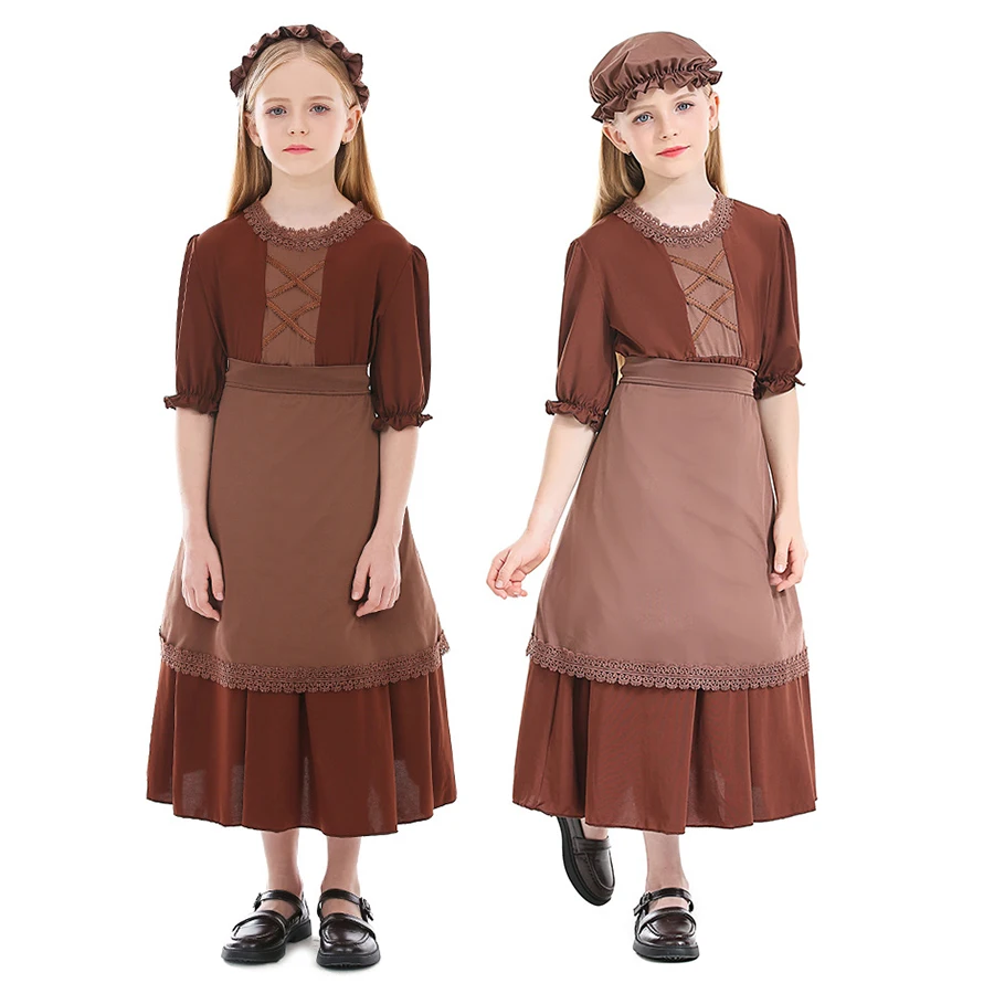 New Kids Victorian Poor Girl Costume Colonial Village Peasant Girls Dress Brown Carnival Stage Book Day Fantasia Cosplay Dress