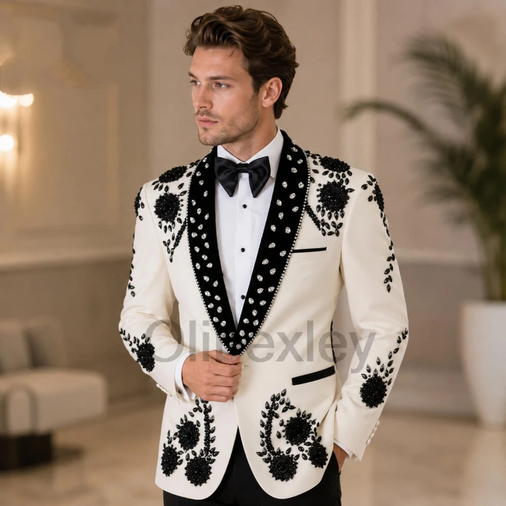 Olibexley Luxury White 2 Pieces Sets Men's Suits Black Diamond Crystal Beaded Groom Wedding Blazers Ropa Hombre Customized S260