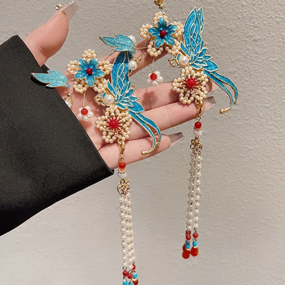 Elegant Women's Enamel Flower Tassel Hair Stick Retro Hanfu Style Dangle Chain Design Hair Accessory