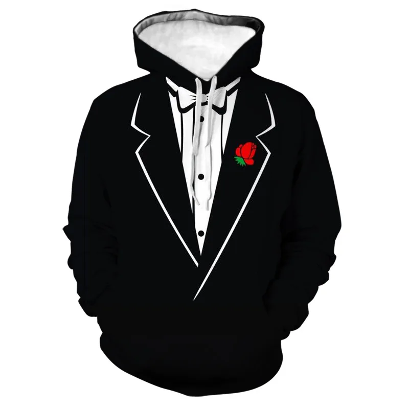 Funny Fake Suit Fashion 3D Hoodies Tuxedo Bow Tie Print Loose Hooded Sweatshirt Cosplay Casual Pullovers Streetwear Hoodie Hoody