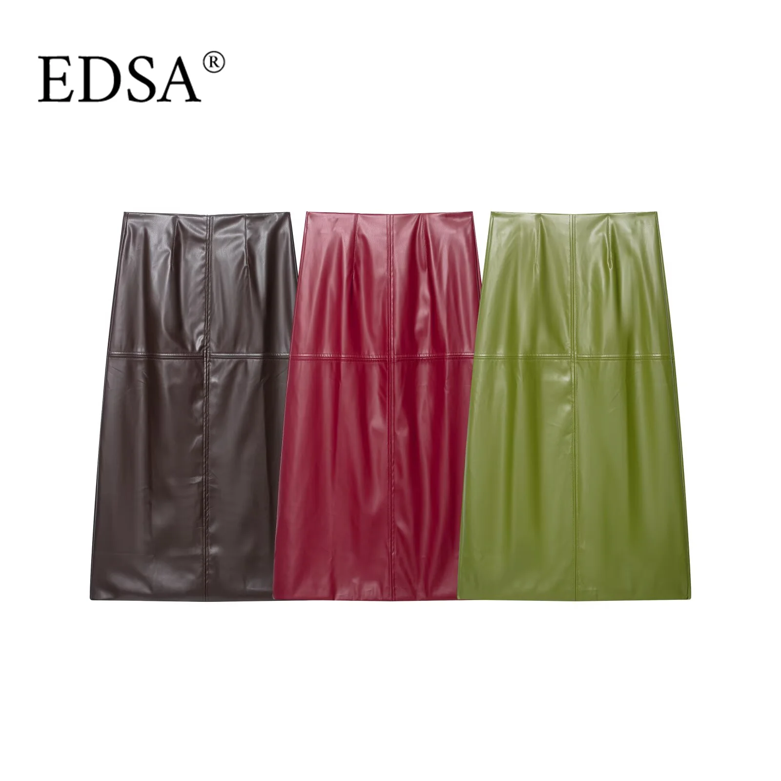 

EDSA Women Pu Leather Midi Skirt High Waist Straight Long Skirts for Feamle Party High Street Skirts