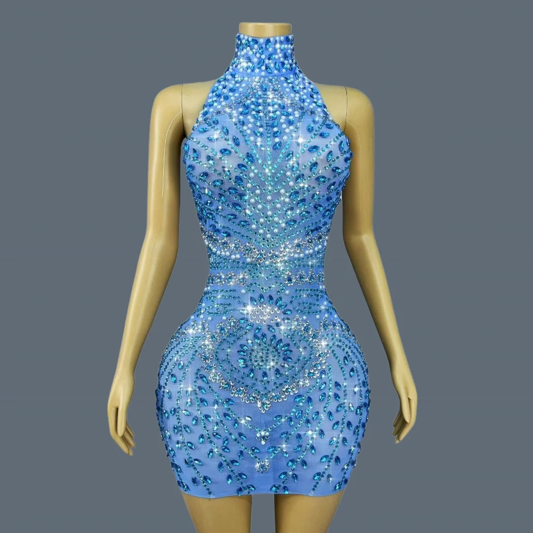

Blue Theme Mesh Cocktail Dress High-end Crystals Pearls Evening Dress Sexy Women Party See Through Mesh Backless Outfit Helanye