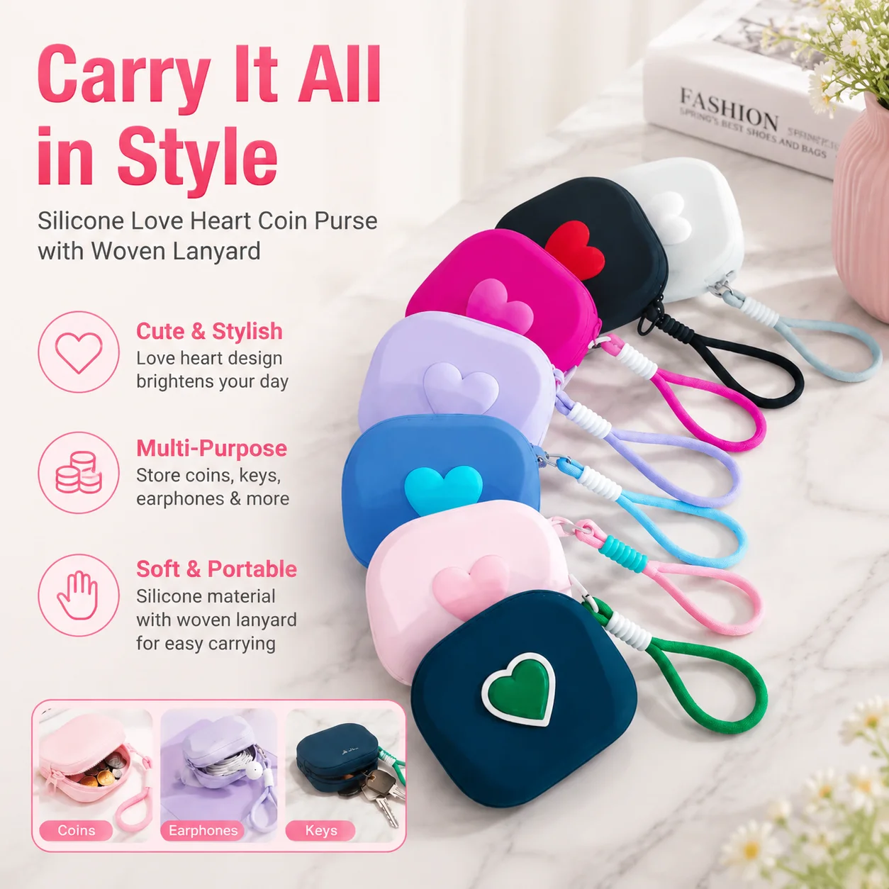 Silicone Love Heart Coin Purse with Woven Lanyard, Portable Key Pouch & Cable Organizer