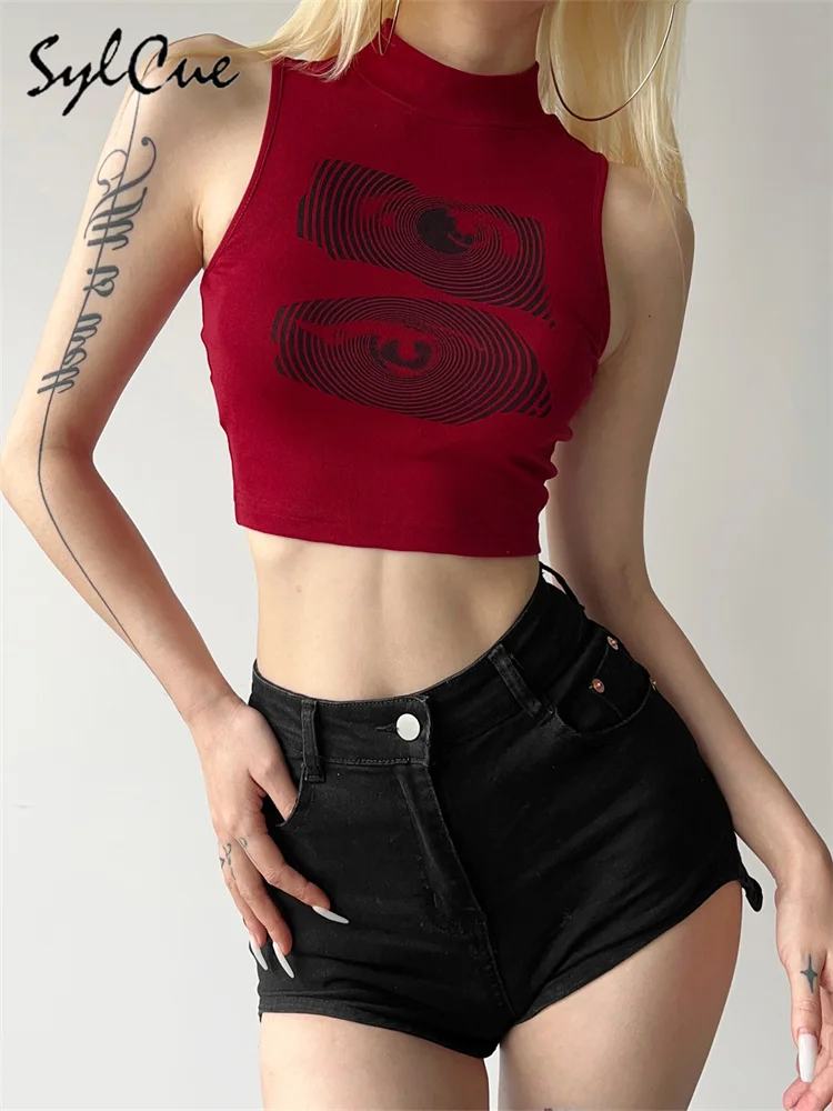 

Sylcue Red Bright Bright Confident All-match Casual Trendy Printed Cool Summer Street Travel Sexy Women's Sleeveless Vest