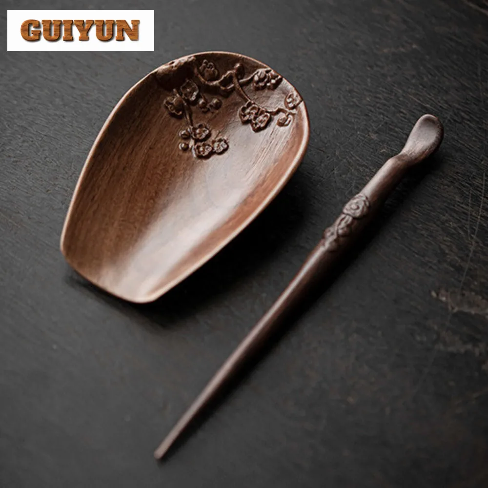 Hand Carved Plum Blossom Tea Scoop Creative Walnut Wood Art Tea Boxes Saucer Shovel Chahe Appreciation Ladle Teaware Decoration