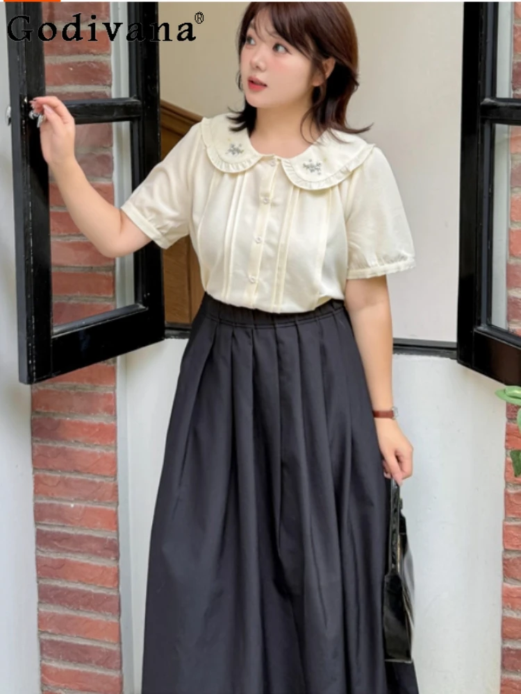 

Женская летняя винтажная рубашка больших размеров с короткими рукавами и воротником «Питер Пэн», уменьшающая возраст, свободный универсальный модный милый топ в стиле Лолиты