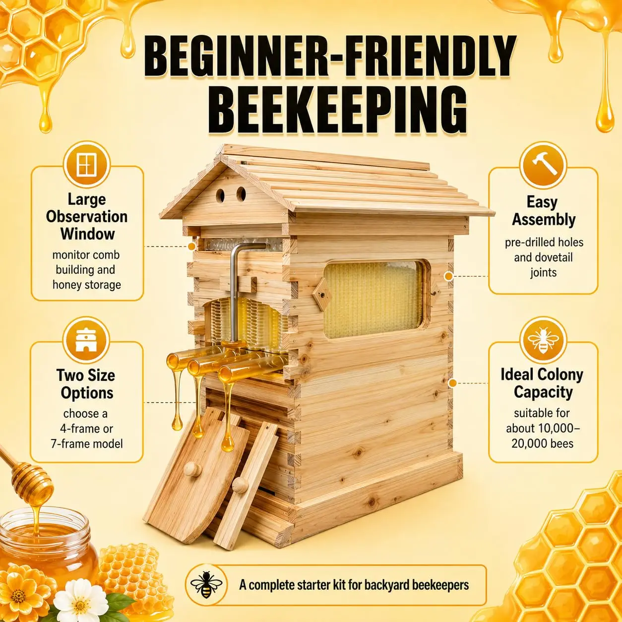 2-in-1 Self-Flowing Honey Beehive Wooden Box, Wooden Auto Honey Hive with 4 or 7 Auto Flow Frames, Durable Wax-Coated Fir Wood