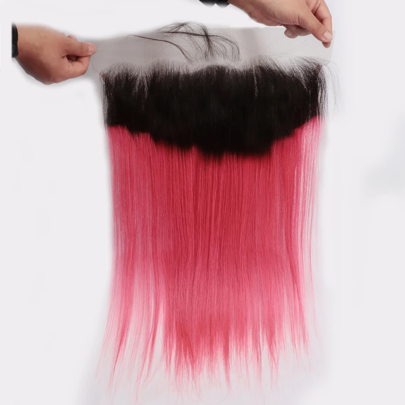 QLove 13X4 Ekstensi Rambut Remy Ombre T1B-Pink Bundel Rambut Manusia Brasil dengan Bundel Rambut Lurus Renda Depan dengan Bagian Depan